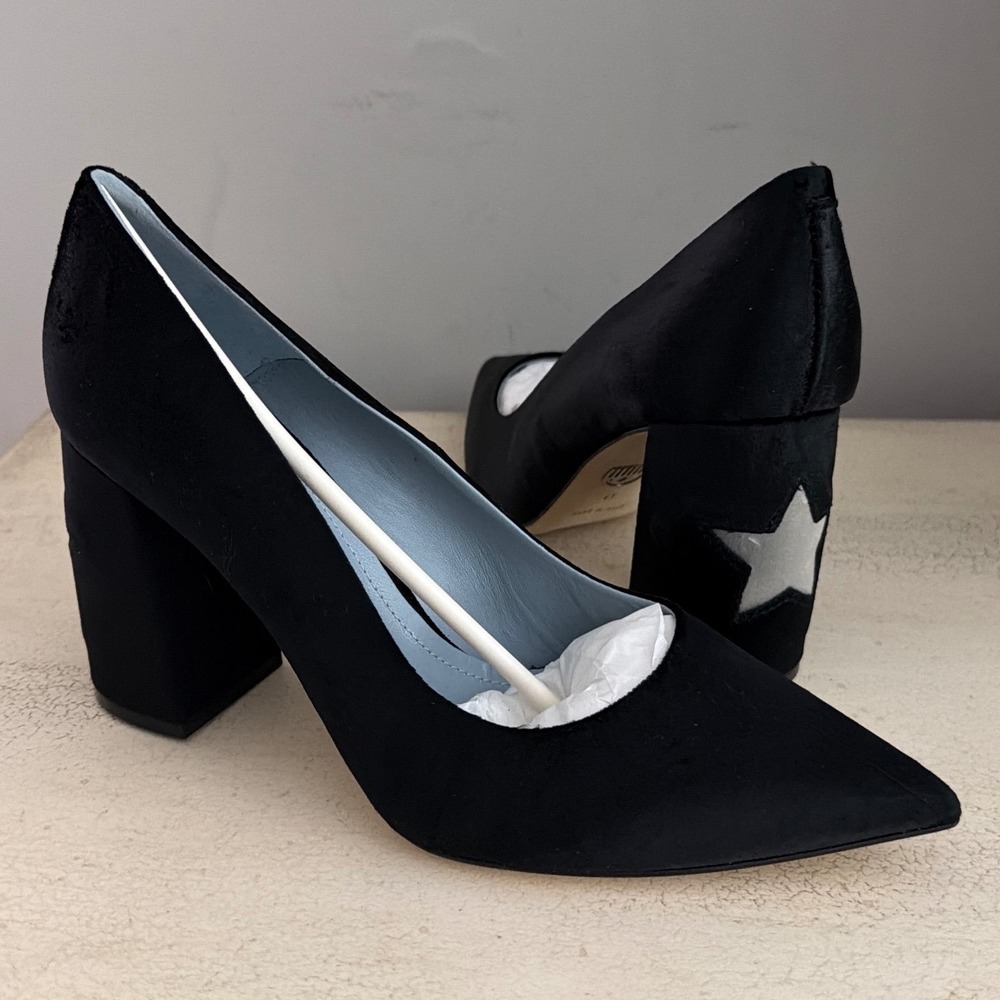 Chiara Ferragni Black Satin Star Cutout Block Heel Pointed Toe Pumps Size 41